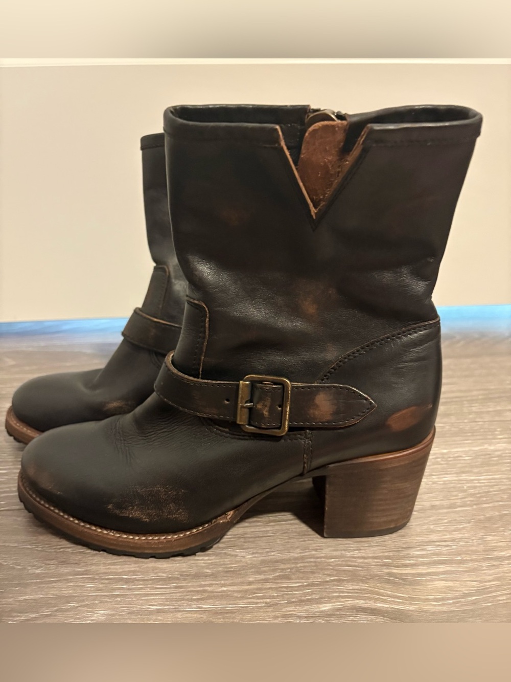 Freebird by Steven Distressed Black/Brown Leather Mid-Calf Buckle Boots